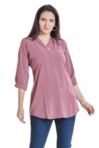 nioni Women’s Solid Tunic with Fashionable V-Fold Neck | Micro Pleated Rayon Kurti | Lycra Material | 3/4th Sleeve Short Kurta for Woman & Girl (Pink Purple, M)