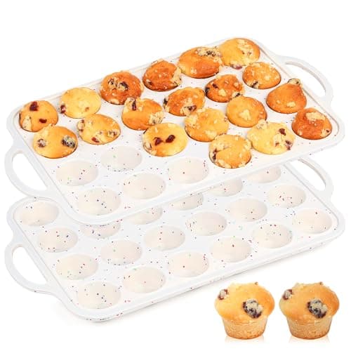 AOTASO 2 Pcs Mini Muffin Pans with Metal Reinforced Frame, 24 Cups Nonstick Silicone Cupcake Tray for Baking, Food Grade Small Muffin Molds with Handles (Cream)