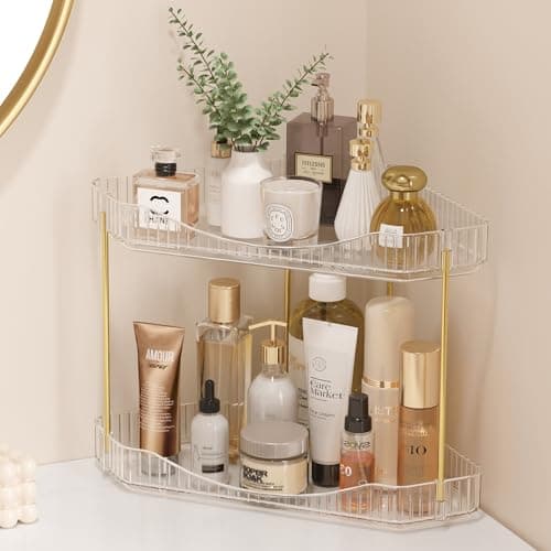 Lifewit 2-Tier Corner Bathroom Counter Organizer, Plastic Makeup Skincare Organizers Storage Countertop, Sink Vanity Trays Perfume, Cosmetic Shelf in Bedroom, Dresser, Kitchen (Clear)