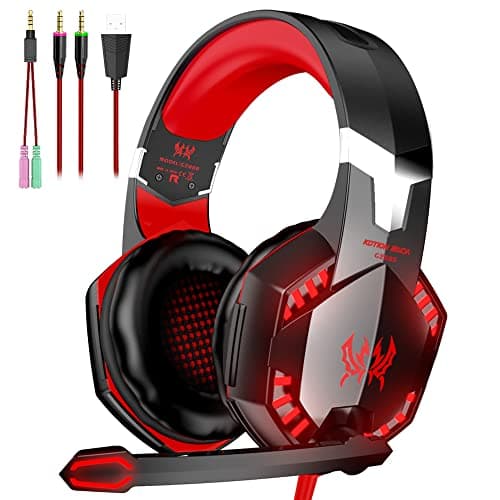 VersionTECH. G2000 Gaming Headset, Bass Surround Gaming Headphones with Noise Cancelling Mic, LED Lights, Soft Memory Earmuffs for PS5/ PS4/ Xbox One Controller/Laptop/PC/Mac/Nintendo NES Games-Red