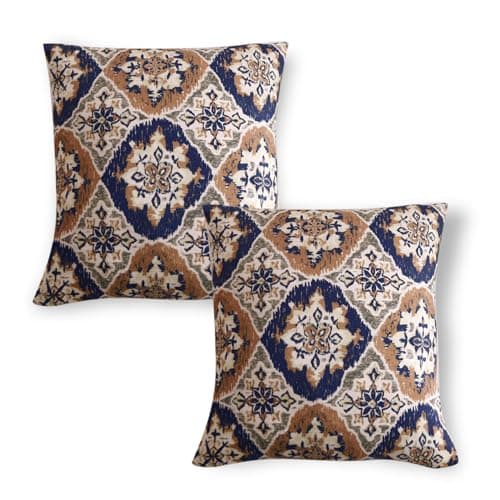 HOKIPO Premium Printed Velvet Sofa Cushion Cover 16x16 Inches Set of 2, Indigo Moroccan Charm (AR-6039-D7*2)