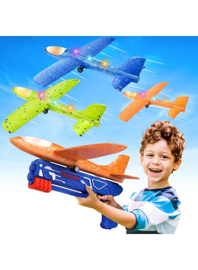 3Pcs Glider Airplane Toys With Launcher , LED Foam Glider with 2 Flight Modes, Large Throwing Foam Plane, Kids Flying Toys, Indoor and Outdoor Flying Toys Birthday Gifts for Boys Girls