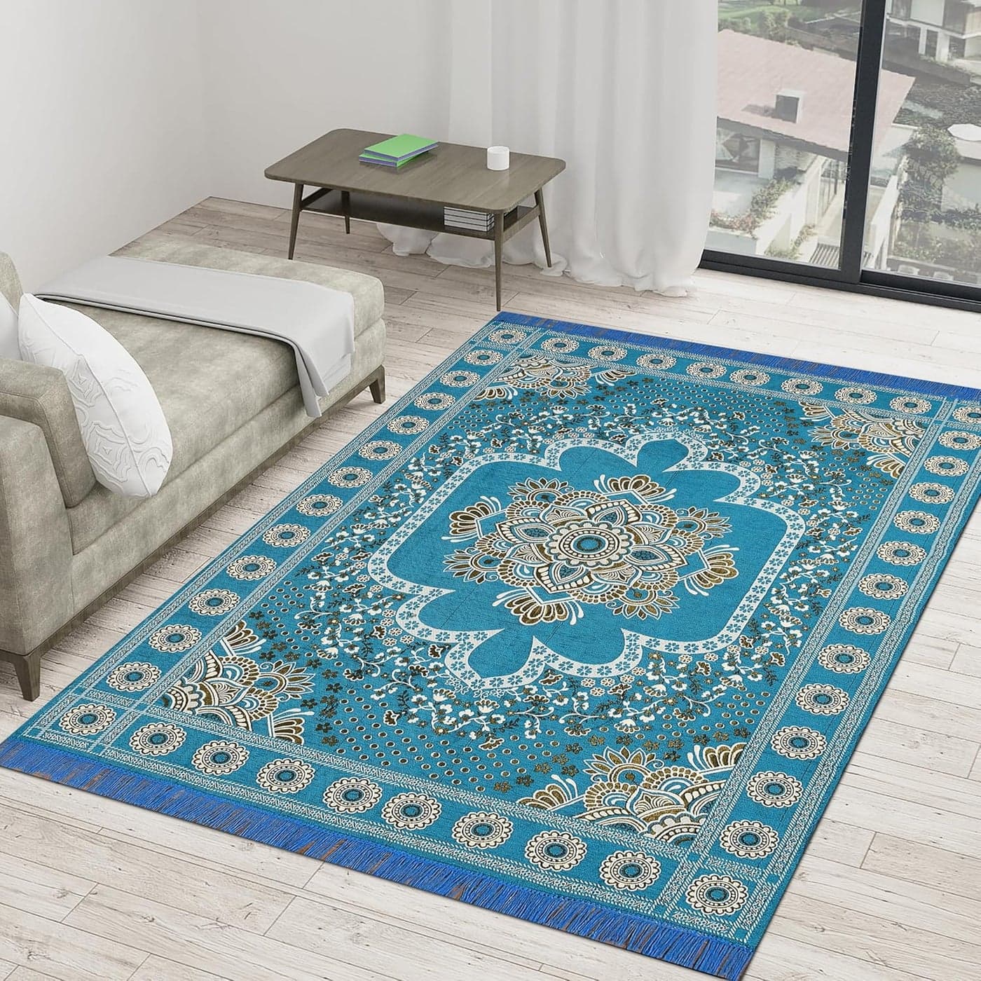 Outlay Home Heavy Fabric Velvet Touch Bedroom Hall Living Room Drawing Room Yoga Hall Designer Velvet Rectangle Carpet 60 Inch X 84 Inch 5 Feet X 7 Feet I 150 Cm X 210 Cm Sky Blue