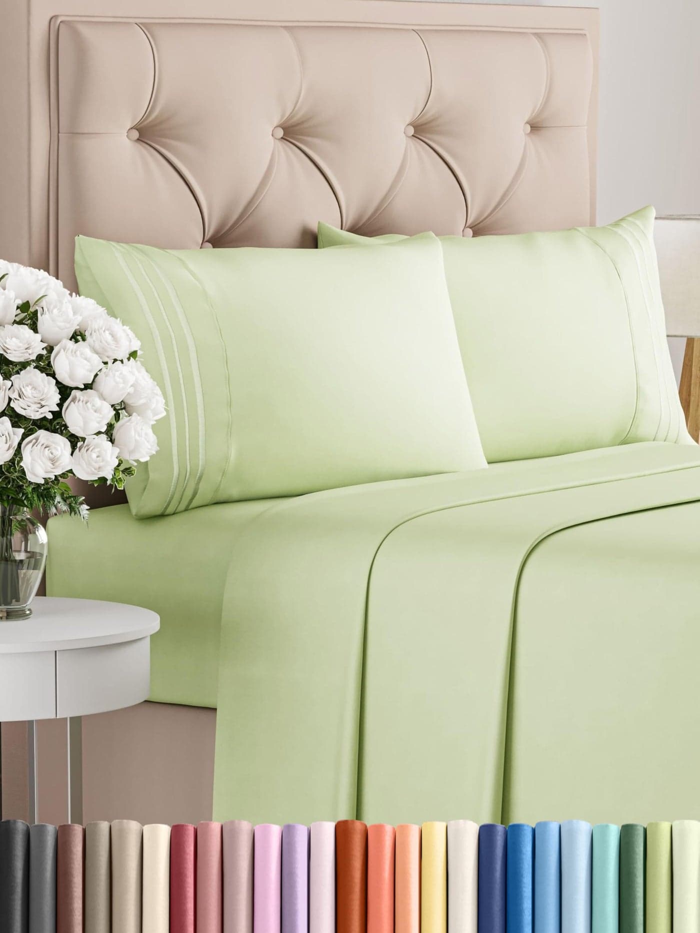 King Size 4 Piece Sheet Set Comfy Breathable Cooling Bed Sheets Set Hotel Luxury Bedding for Women Men Kids Teens Deep Pockets EasyFit Soft Wrinkle Free OekoTex Light Sage Green