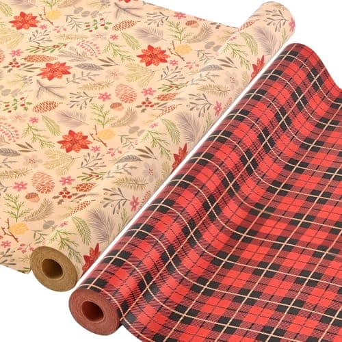 AhfuLife 2 Rolls Christmas Wrapping Paper 17 Inch 492 Feet Per Roll Recyclable Kraft Xmas Wrapping Paper Roll for Kids Christmas Gift Box Birthday Party Decoration 138 sq ft ttl LeafRetro
