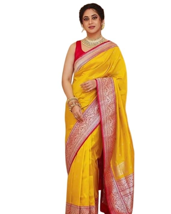 ZECVA Women's Soft Kanjivaram Lichi Silk Saree For Women With Attach Unstitch Blouse Piece (YELLOW RED)