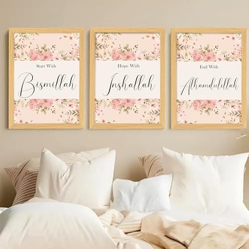 PAINTINGMANTRA Bismillah Insha Allah Alhamdulillah Islamic Framed Painting, Decorative Framed Wall D cor Artwork for Home, Gallery, Living Room & Decoration (Set of 3, 12.9x16.8 Inch)