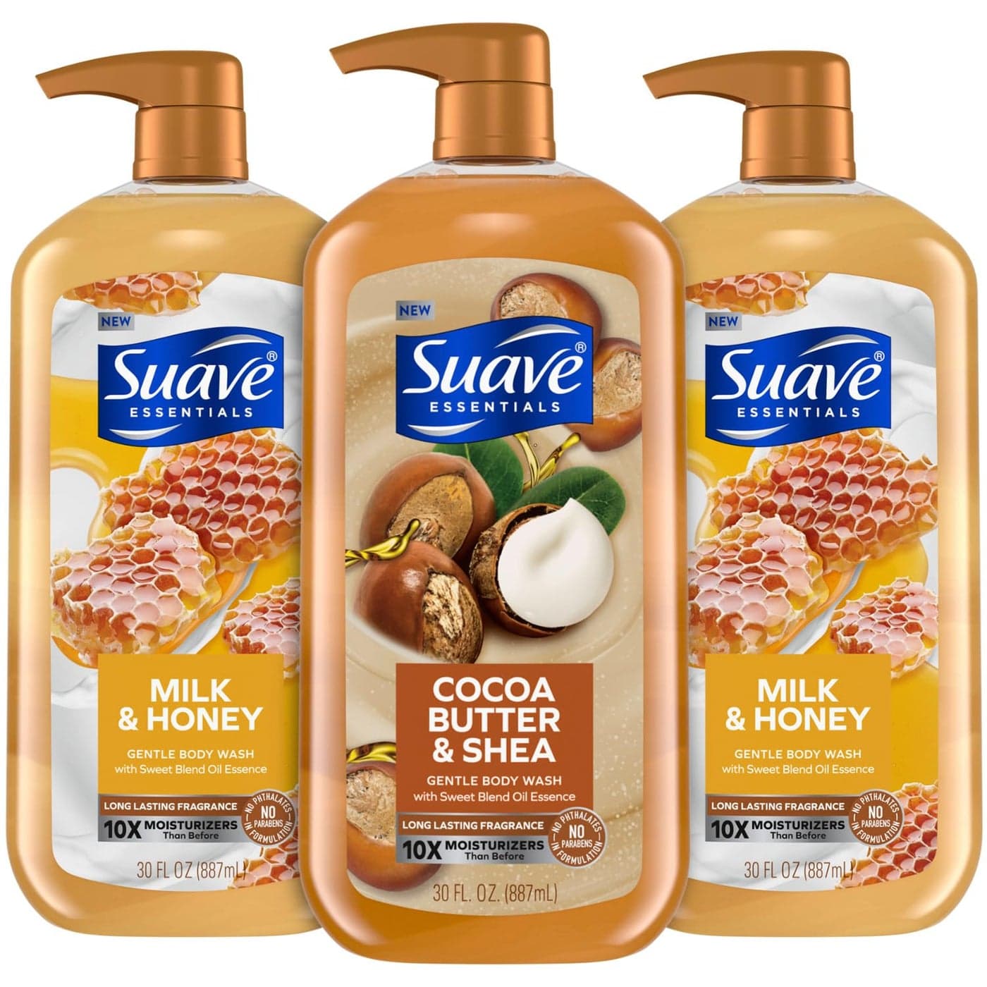 Suave Body Wash Variety Bundle Milk Honey 2Pack Cocoa Butter Shea Gentle Moisturizing Body Washes with Vitamin E 30 Oz Ea 3 Piece Set