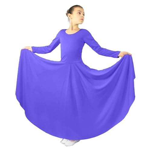 Danzcue Girls Praise Loose Fit Full Length Long Sleeve Dance Dress, Deep Purple, 6X-7