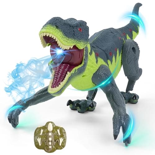 BEMITON Remote Control Dinosaur Toys for Kids Birthday Gift for Boys Ages 35 57 812 RC Walking with Roaring Lights and Spray 24Ghz Electronic Interactive Dinosaur Toy Gray Green