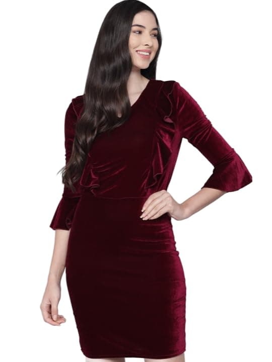 Vaararo Party Dress for Women Bodycon | Shiny Velvet Quarter Bell Sleeves Stylish Outfit Wine X-Large