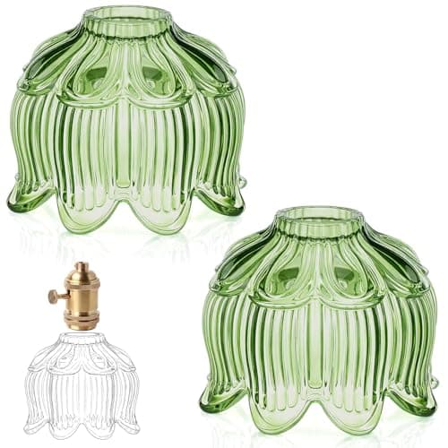 Teenyyou 2 Pcs Green Glass Lotus Lamp Shade Small Flower Sconce Shade E26 Base 1.38" Top x 4.92" Dia. x 4.13" H Mini Lampshade Replacement for Floor Table Chandelier Decor Vanity Pendant Light Cover