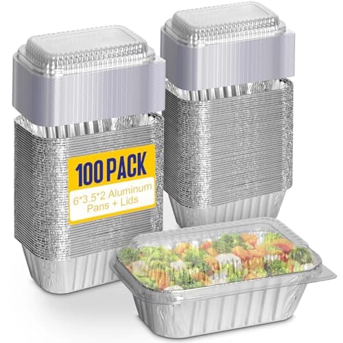 Alfolic Small Foil Pans wth Lids 100 Pack 1 lb Disposable Aluminum Loaf Pans 6x35x2 Inch Tin Foil Pans Cookware for Baking Cakes Bread Meatloaf Mini