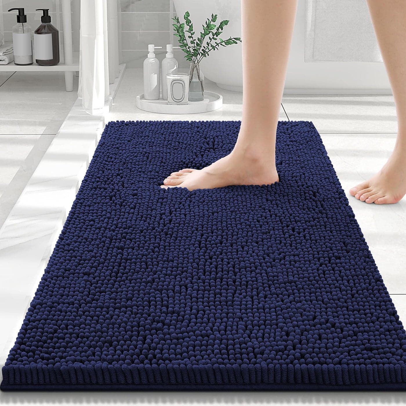 Smiry Luxury Chenille Bathroom Rugs 30x20 Extra Soft and Absorbent Shaggy Bath Mat Machine Washable NonSlip Plush Carpet Runner for Tub Shower and Floor Home Decor Accessories Navy Blue