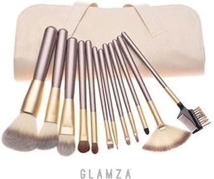 Glamza Pro 12pc Champagne Face Eye Brow Lip Contour MakeUp Brushes Set In White Pouch