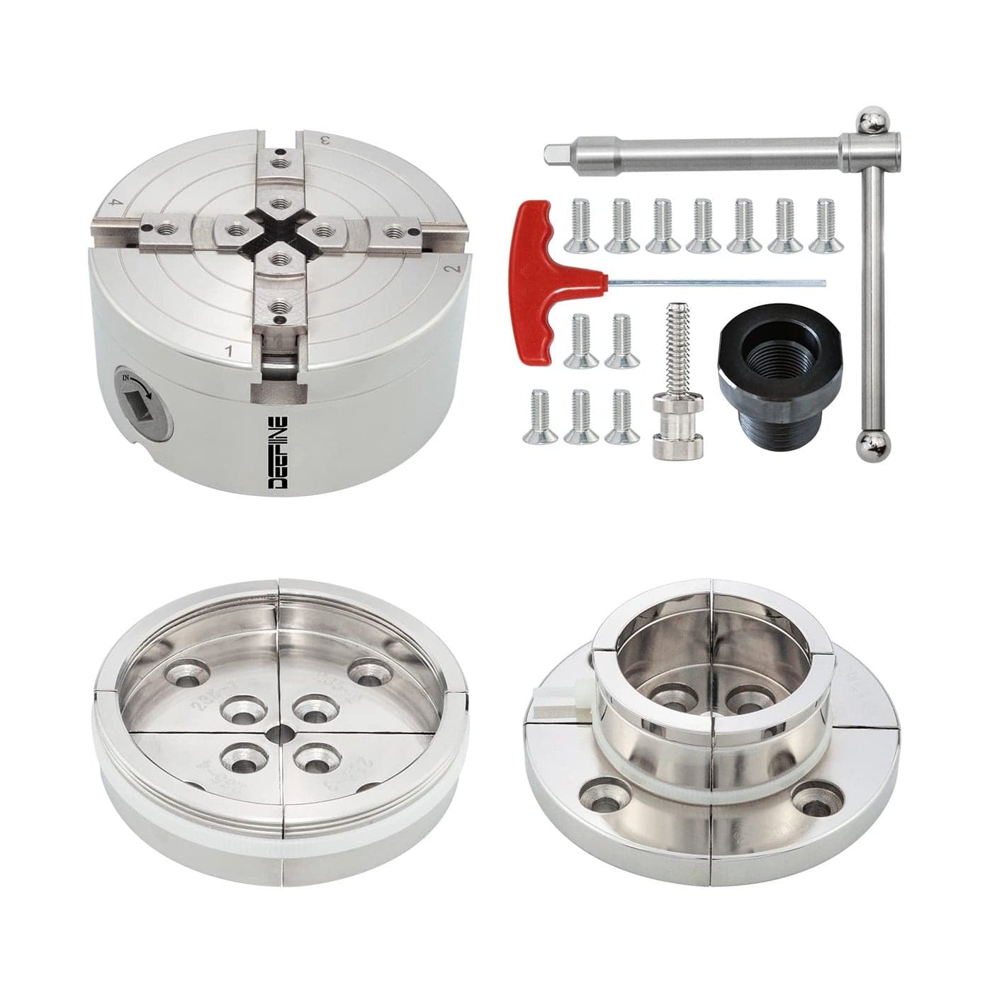 DEEFIINE 4 Inch Wood Lathe Chuck Set 1 x 8 tpi thread 34x16TPI Adapter Nickel Plated Self Centering 4 Jaw Wood Turning Chuck set 2PCS jaws