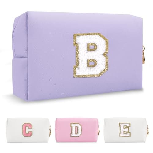 Personalized Makeup Bag Initial A-Z Preppy Patch Bag,Small PU Leather Travel Cosmetic Bag Pouch with Zipper,Purple Cute Toiletry Bag,Gift Ideal for Teen Girls Women Birthday Friend Mom,Latter B