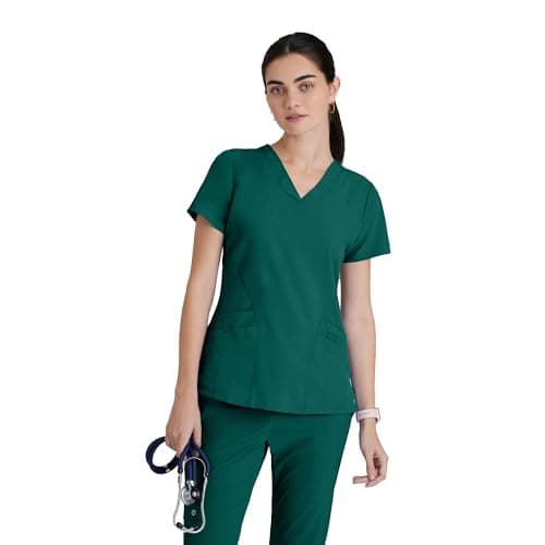 BARCO One Pulse Classic Fit Scrub Top for Women – Hunter Green, 5-Pocket V-Neck Scrub Shirt w/ 360 Spandex Stretch, Moisture Wicking, Anti-Static and Quick-Shed – Small, Regular Fit