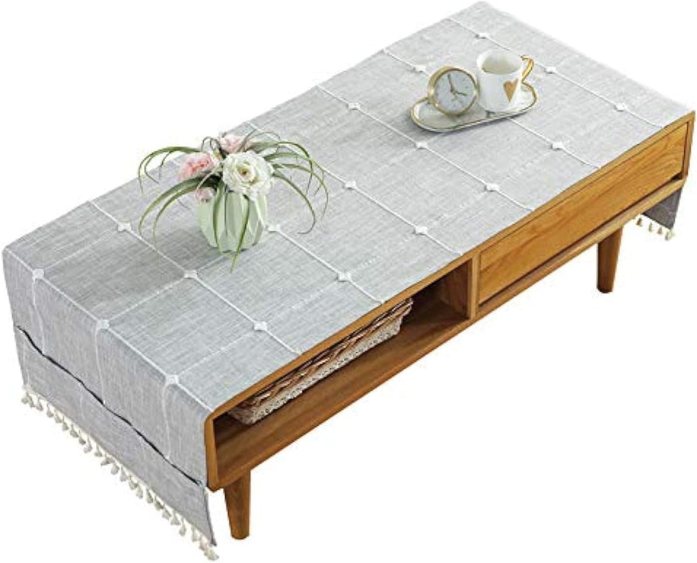 Coffee Table Cloth, Coffee Table Cover with Pockets and Tassel, Cotton Linen Waterproof Small Rectangle Tablecloths Washer Dryer Fridge Top Dust Cover-L-50 x 145 cm (20 x 57 in)