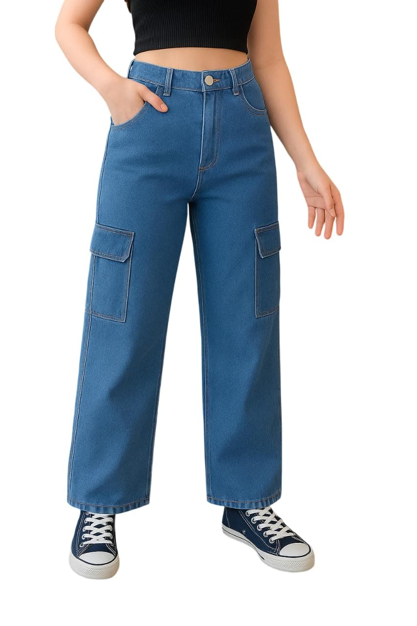 ADBUCKS Stretchable High Rise Cargo Style Wide Leg Jeans for Girls II Girls Jeans (in, Age, 11 Years, 12 Years, Blue)