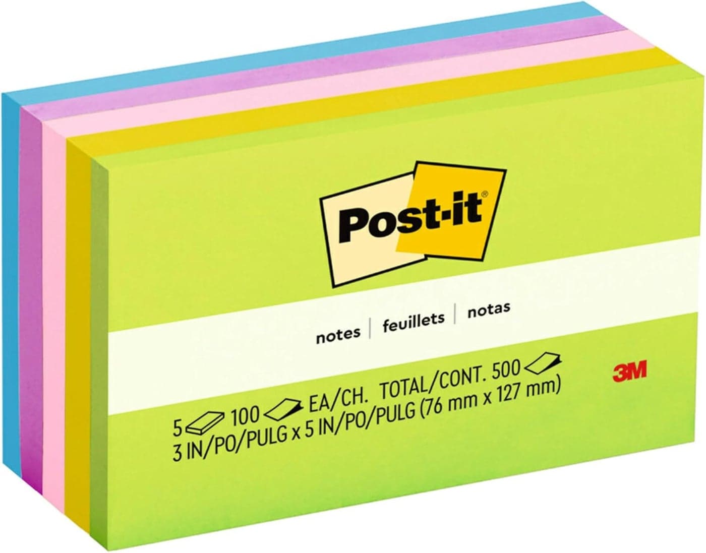 Post-it Ultra Colors Notes, Mixed Colors - 3x5 In (76 Mm x 127 Mm), 100 Sheets/Pad, 5 Pads/Pack