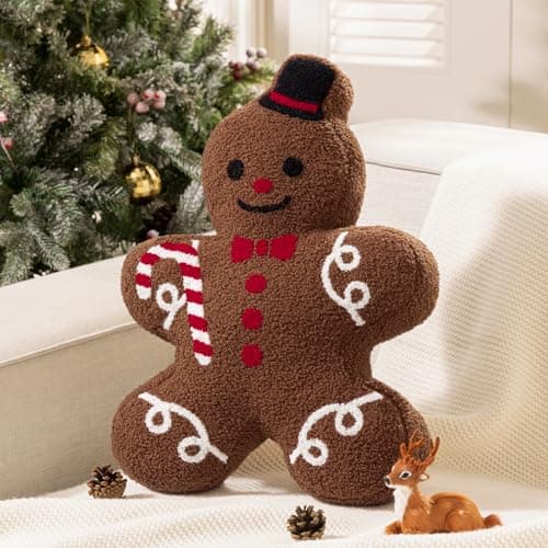 Phantoscope Gingerbread Series Merry Christmas Throw Pillow Plush Teddy Sherpa Mr Gingerbread Xmas Shaped Christmas Decorative Pillow with Hat Cane for Couch Living Bedroom Coffee 13x19 inches