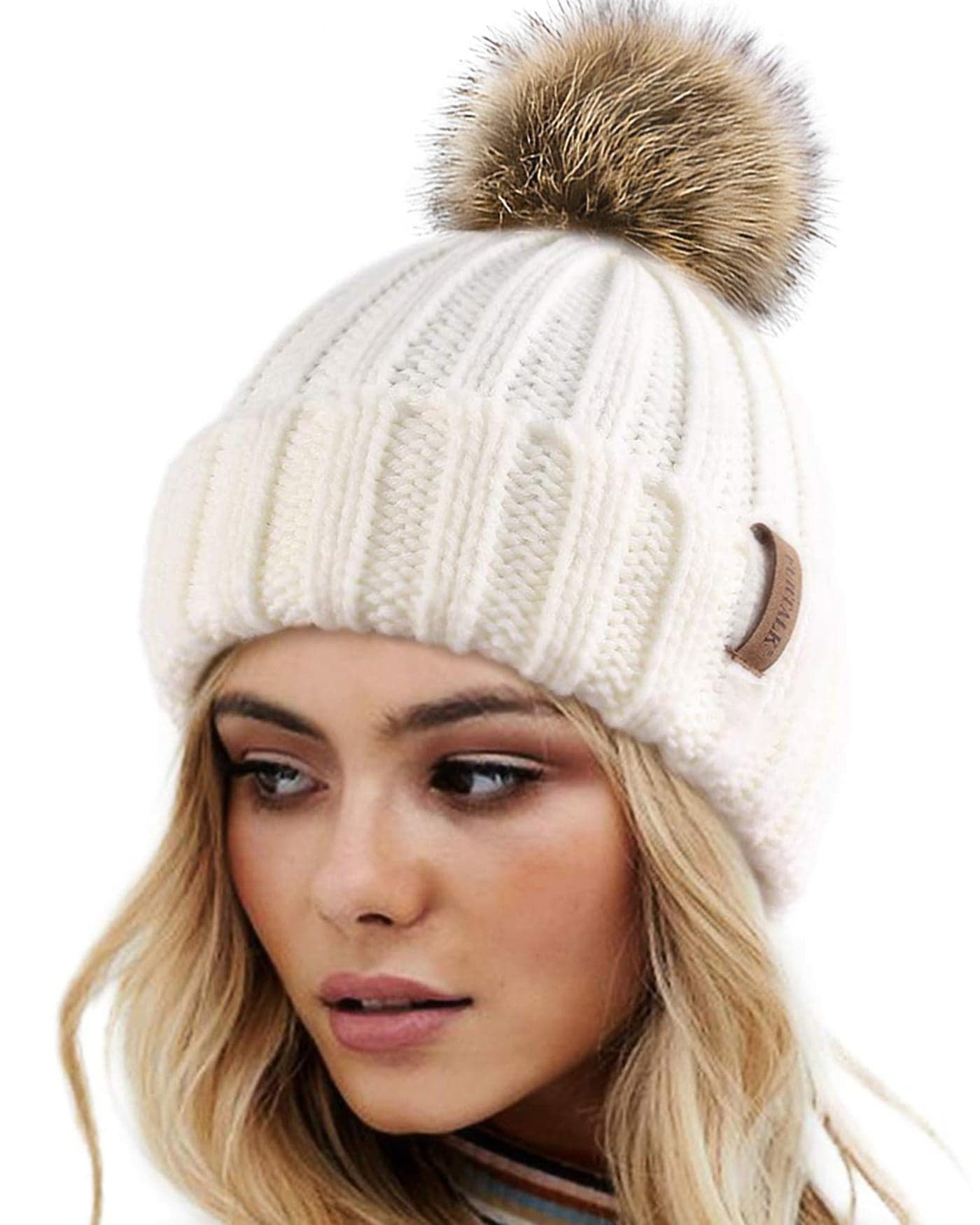 FURTALK Womens Winter Knitted Beanie Hat with Faux Fur Pom Poms Warm Knit Skull Cap for Women White