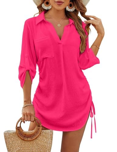 Blooming Jelly Womens Bathing Suit Cover Up Swimsuit Coverup Beach Dress Bikini Drawstring Swimwear Cover ups(Large, Hot Pink)