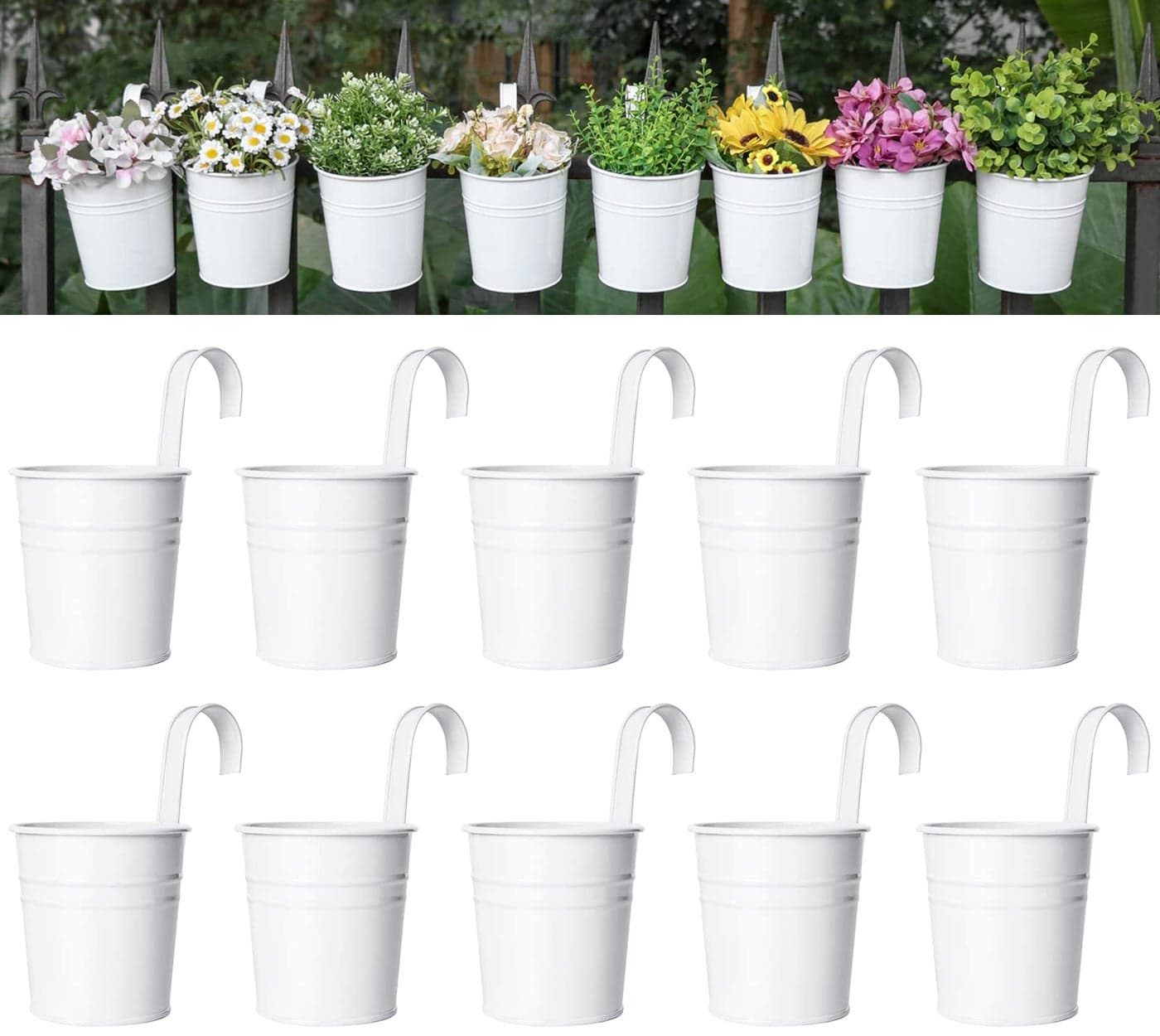 Dahey 10 Pcs Hanging Flower Pots Metal Iron Bucket Planter for Railing Fence Balcony Garden Home Decoration Flower Holders with Detachable Hooks White 5 inches