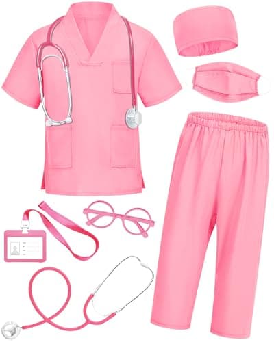 ICECUTE Doctor Scrubs for Kids7 Pcs Scrubs Costume with Accessories Halloween Costume for Boy Girls311 Years Pink 78Years