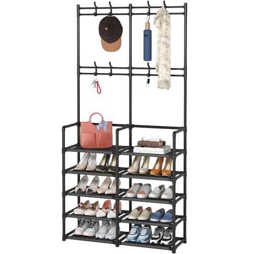 Laiensia 5Tier Entryway Coat Rack Coat and Shoe Rack Entryway Bench Storage Organizer with 8 Hooks for Bedroom Hallway Office Black
