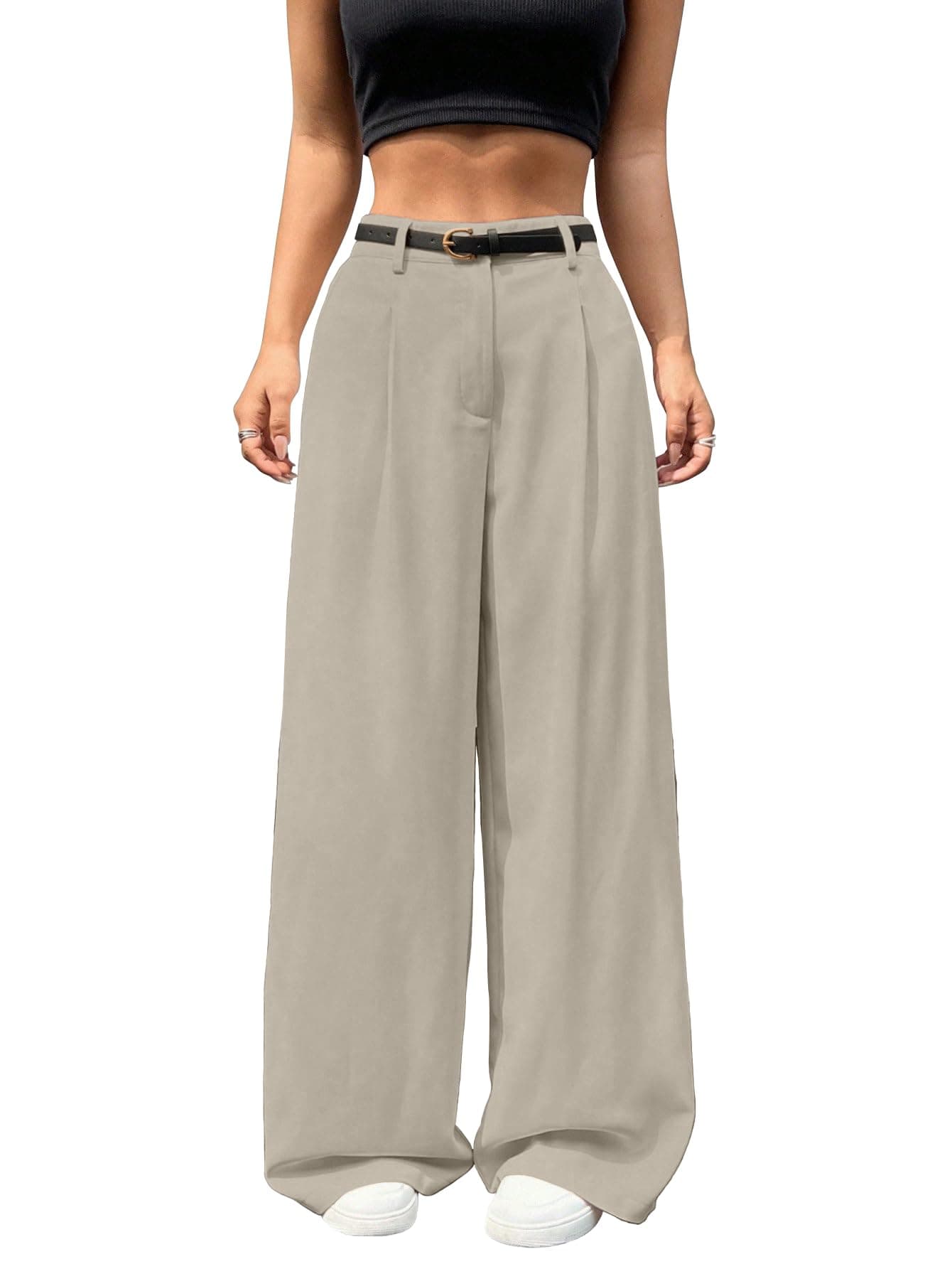 Shasmi Women’s Light Grey Pleated High Waist Wide Leg Pants – Elegant Loose Fit Black Trousers with Pockets, Casual & Office Wear Straight Leg Trousers (Without Belt)(Trouser 220 Light Grey-M)