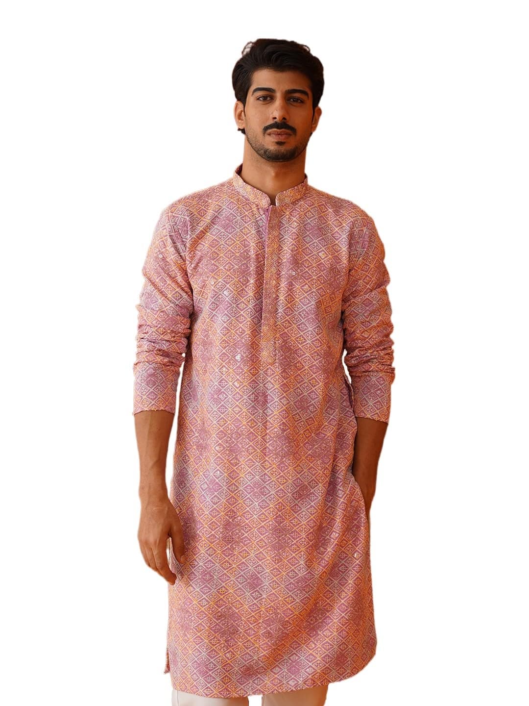 Jompers Pink Embroidered Staight Kurtas for Men (Pink, L)