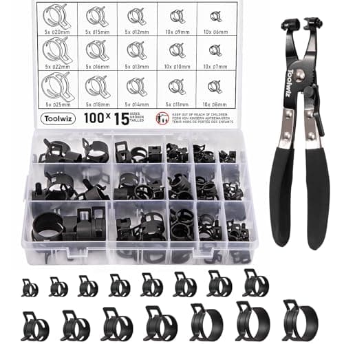 Toolwiz 100Pcs 6-25mm Spring Band Hose Clamp Assortment with Swivel Clamp Pliers, Constant Tension Radiator Hose Clamps, Black Hose Clips for Fuel Line, Silicone Vacuum Hose, Air Tube, Water Pipe