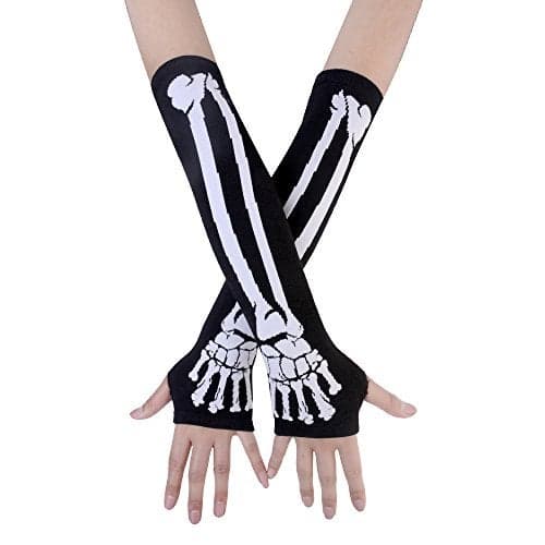 JISEN Women Punk Winter Arm Warmer Knitted Stretchy Soft Fingerless Gloves White Skeleton