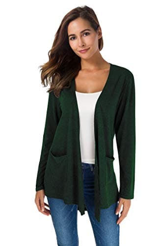 TownCat Cardigans for Women Loose Casual Long Sleeved Open Front Breathable Cardigans with Pockets (Dark green, L)