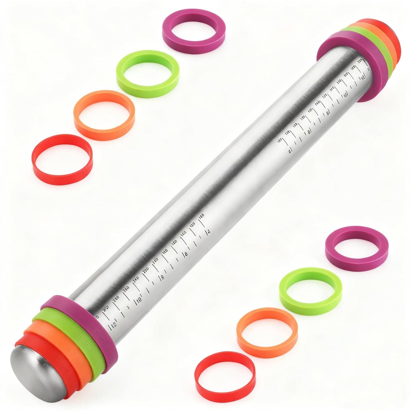 Stainless Steel Rolling Pin with Adjustable Thickness Rings 4 Interchangeable Sizing Bands for DumplingsPastaCookies Nonstick Kitchen Baking Tool Rolling pin with color thickness rings