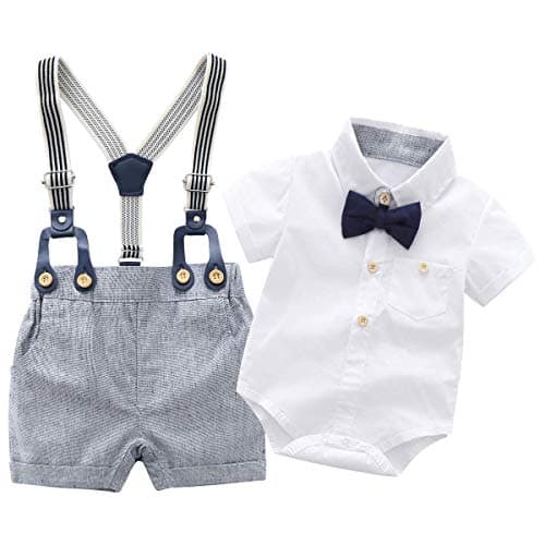 Newborn Baby Boys Gentleman Outfits Suits, Infant Short Sleeve Shirt+Shorts+Bow Tie+Suspenders,12-18M