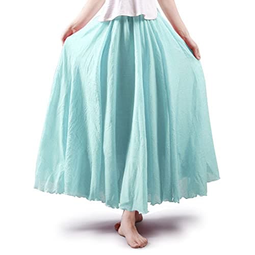 ASHER FASHION Women's Bohemian Style Elastic Waist Band Cotton Linen Long Maxi Skirt Dress (95CM, Water Blue)