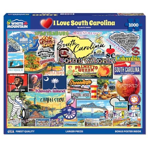White Mountain 1000 Piece Jigsaw Puzzle Palmetto State Collage Puzzles with Large Pieces Gift for Adults and Family 24x30 I Love South Carolina