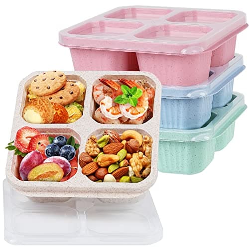 buluker 4 Pack Bento Snack Containers Set 4 Compartment Food Storage Containers Wheat Straw Meal Prep Lunch Box Plastic Food Storage container Microwave and Dishwasher Safe 4colour