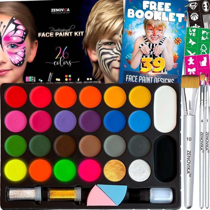 Zenovika Face Painting Kit for Kids - 26 Colors Face Paint Kit, Non-Toxic and Hypoallergenic, Stencils, Book, and Professional Halloween Makeup Kit - Safe and Easy to Use Face Paint Kit for Kids