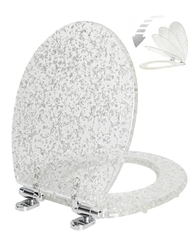 Resin Toilet Seat Round with Easy Clean Adjustable Hinges, Soft Close Quick Release Heavy Duty Silver Glitter Cover Acrylic Toilet Seats (Round 17 Inch, Silver Foil, Upgraded hinge)