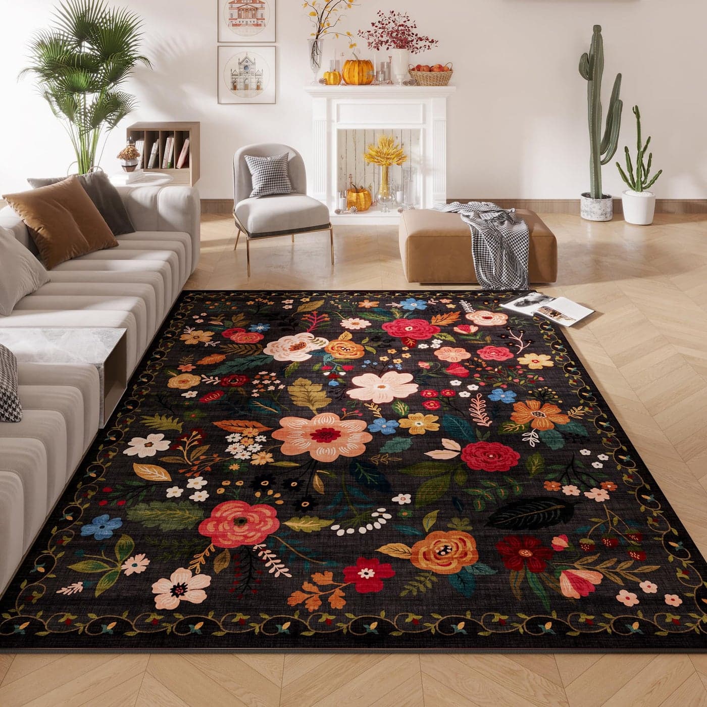 Rugcomf Living Room Rug 5x7 Rug Machine Washable Boho Area Rug Non Slip Floral Vintage Low Pile Large Rugs for Living Room Bedroom Farmhouse Dining Room Kids PlayroomBlack