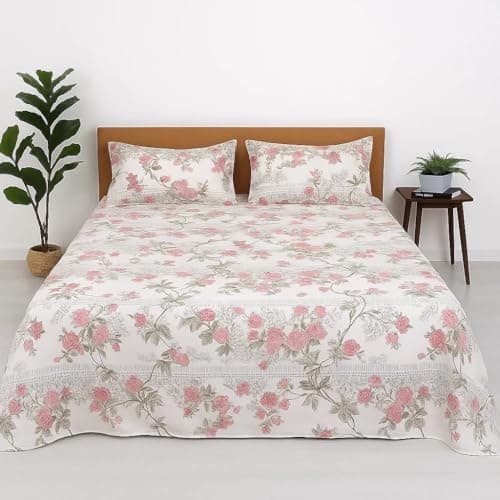 Bhoomi Impex King Size Microfiber Flat Bed Sheet - Blush Rose Vine Print with 2 Pillow Covers - Soft & Wrinkle-Free