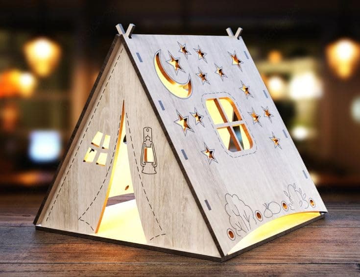 Quace Wooden Tent Shape Night Light Lamp Laser Cutting Camping Tent Home Night Light