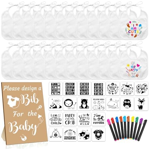 Newwiee 55 Pcs White Bibs for Baby Decorating Design a Bib Decorate Plain newborns Bibs Wooden Sign for Baby Shower Games Kit(Kraft)