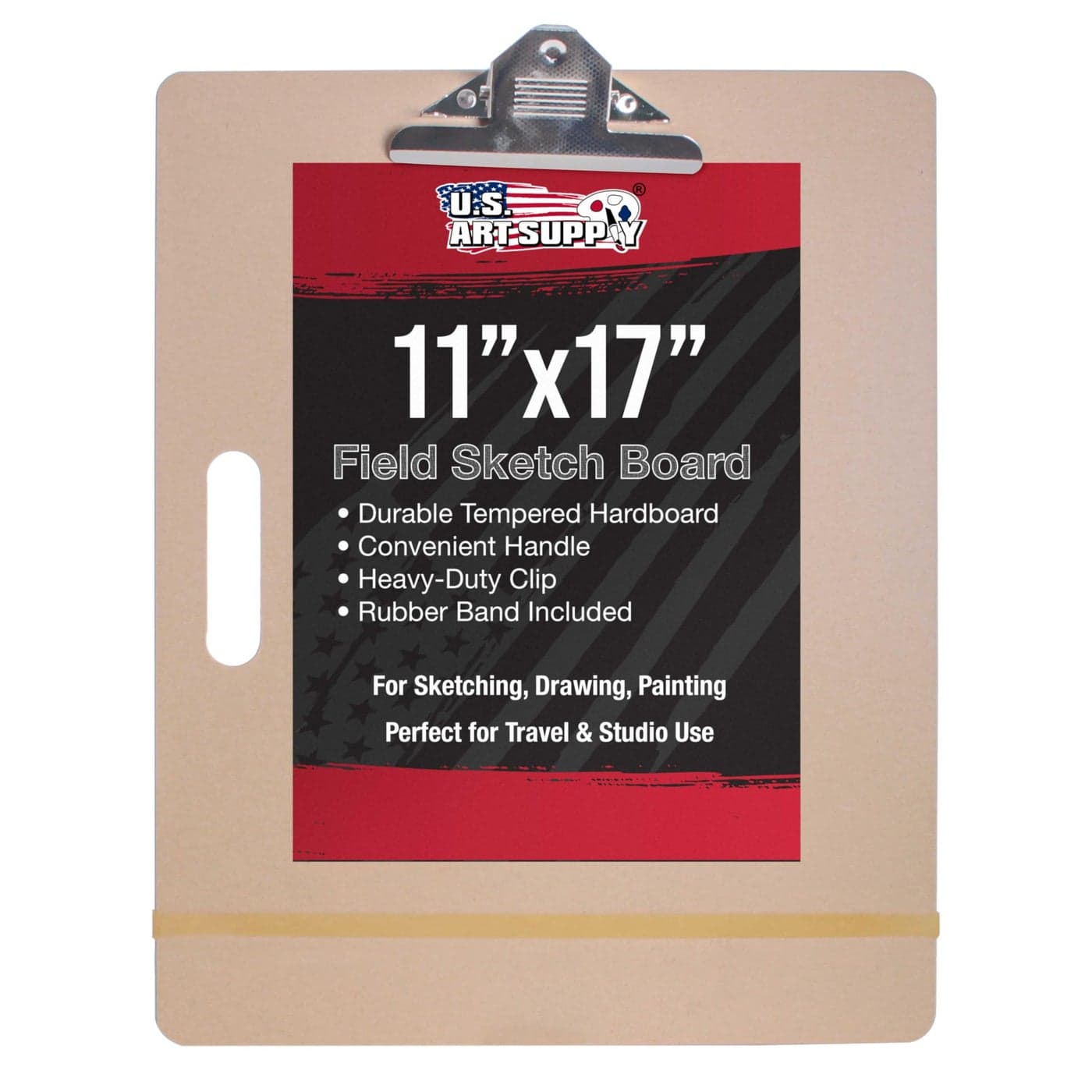 US Art Supply 11 x 17 Artist Sketch Tote Board Lightweight Hardboard Drawing Board with Handle Clip Rubber Band for Art Sketching Travel Studio