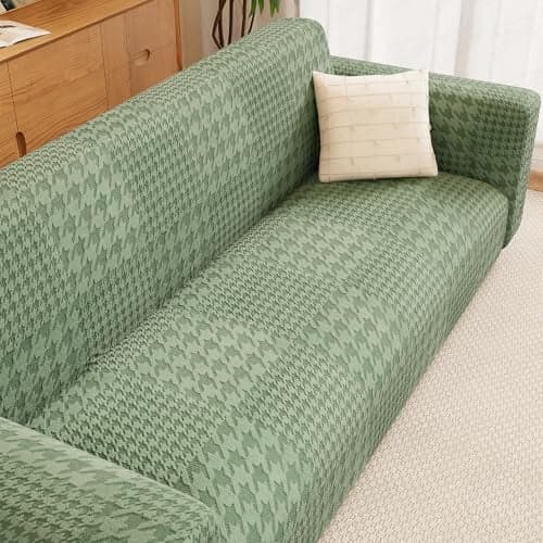 Lukzer 3 Seater Sofa Cover - Pastel Green Square Knit Pattern | 240 GSM Universal Textured Jacquard Fabric Elastic Couch Protector | Washable Sofa Cover for Living Room | (180-230cm/SC-174-03)