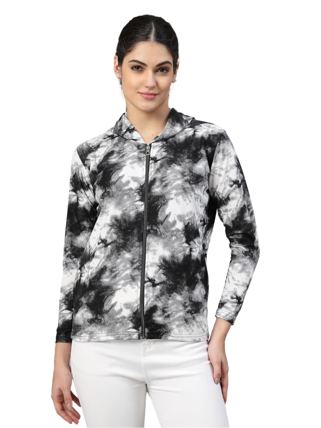 UZARUS Women's Polyester Hooded Sports Gym Training Jacket (in, Alpha, 2XL, Regular, Black White)
